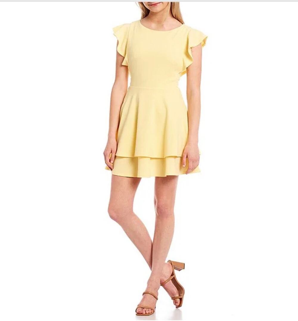 Midnight Doll Yellow Flutter Sleeve Double-Hem Fit & Flare Dress Large